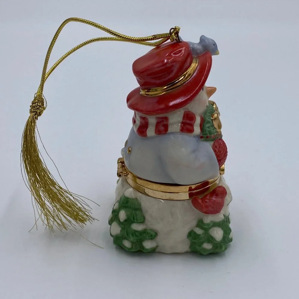 Lenox Snowman Trinket Box Christmas Ornament # 6339584 Blue Bird Wreath 3.5